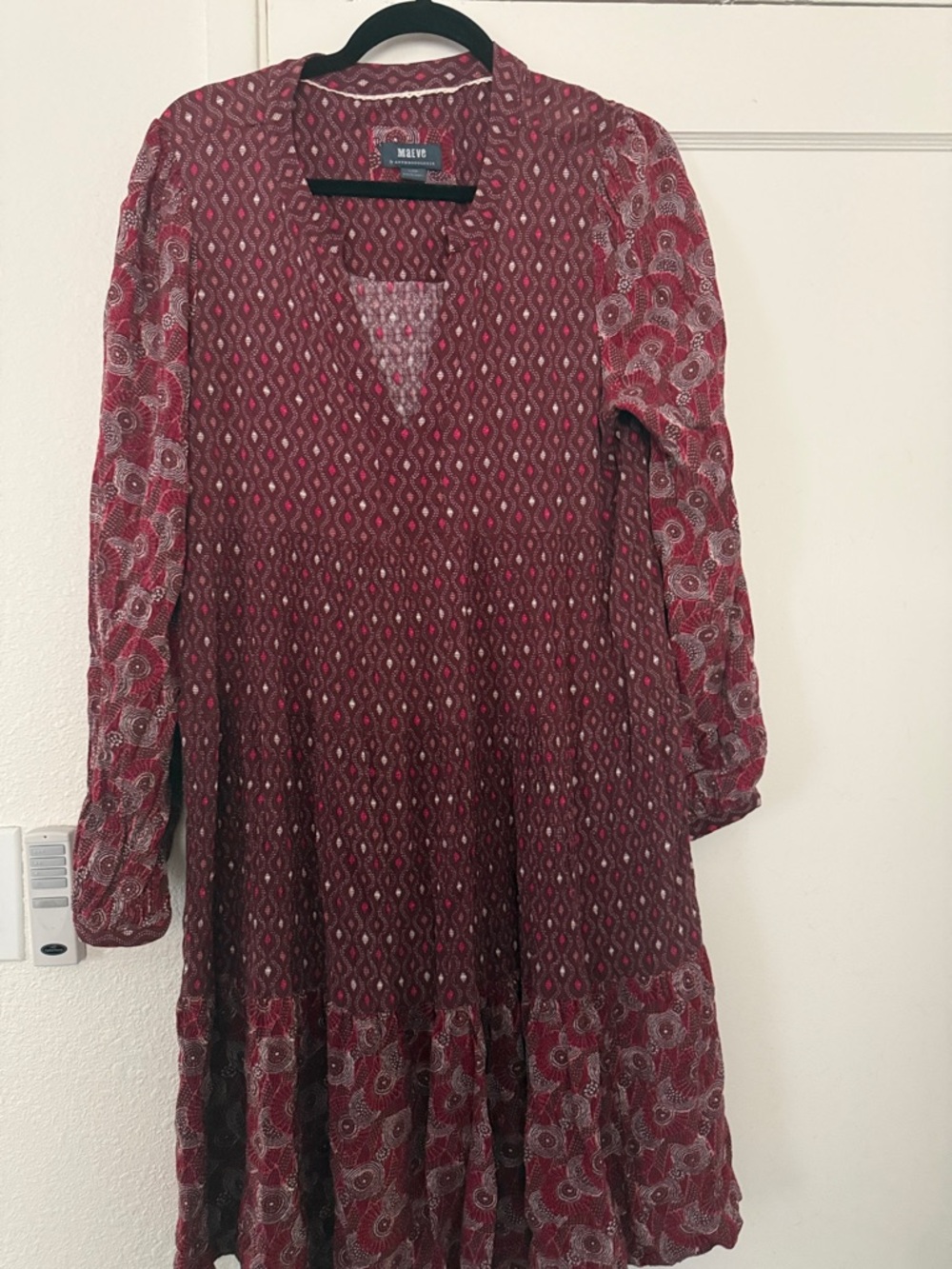Maeve by Anthropology Burgundy & Ivory Patterned Boho Dress
